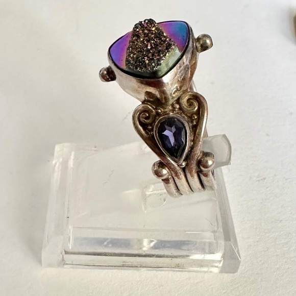 Druzy tanzanite ring adjustable gorgeous estate sterling silver - Picture 4 of 14